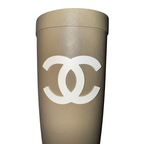 Chanel REV Dark Beige Moss Green White CC Logo High Pull On Rubber Rain Boots 42 - Picture 4 of 15